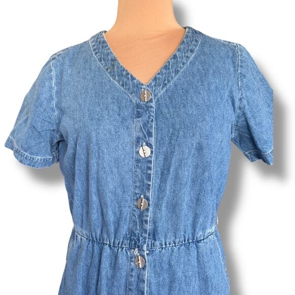 Vintage 90s Faded Glory Denim Button Front Midi Dress Short Sleeve Vneck Pockets - Picture 2 of 12